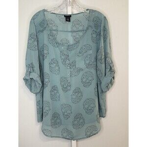 Torrid 0 Sheer Teal Skull Print Relaxed Blouse Top Button Front Roll Tab Sleeve